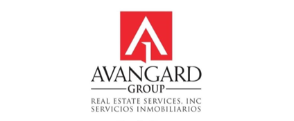 Avangard Group real estate services logo with red geometric emblem and gray text on white background