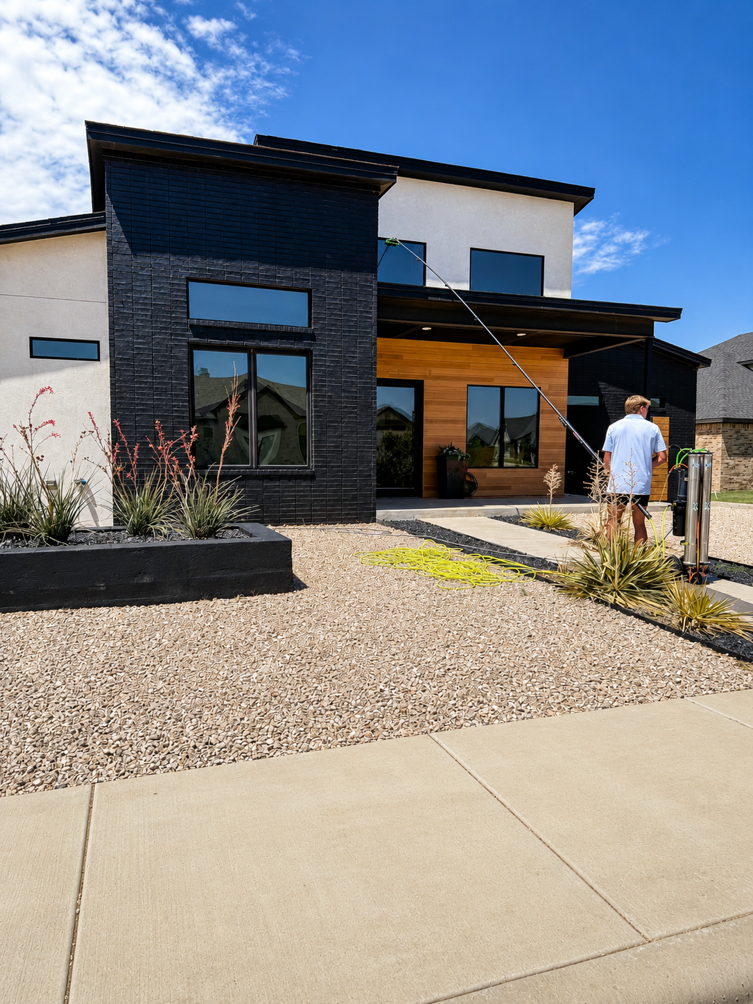 Modern two-story house with black trim and gravel yard, a person standing by the front door