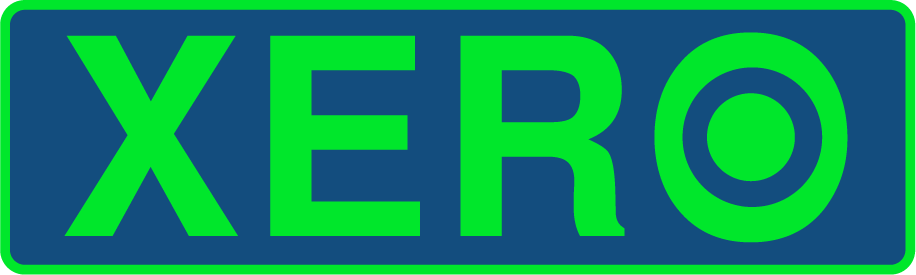 Green XERO logo on a blue rectangular background with a neon green border