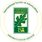 ISA Certified Arborist seal with green leaf and text.