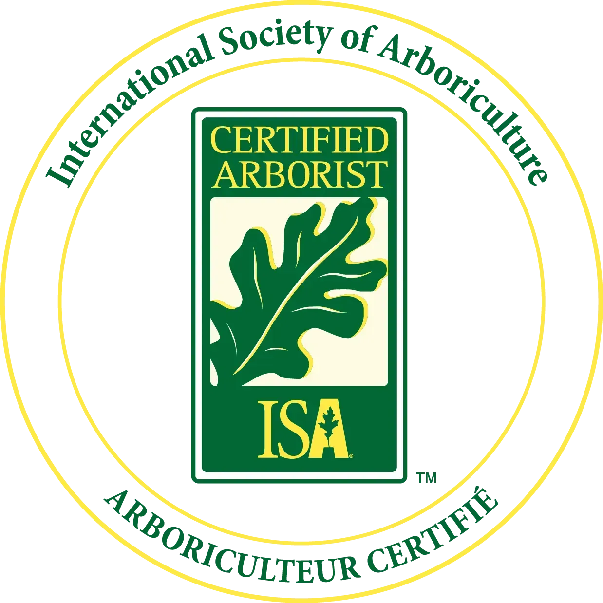 ISA Certified Arborist seal with green leaf and text.
