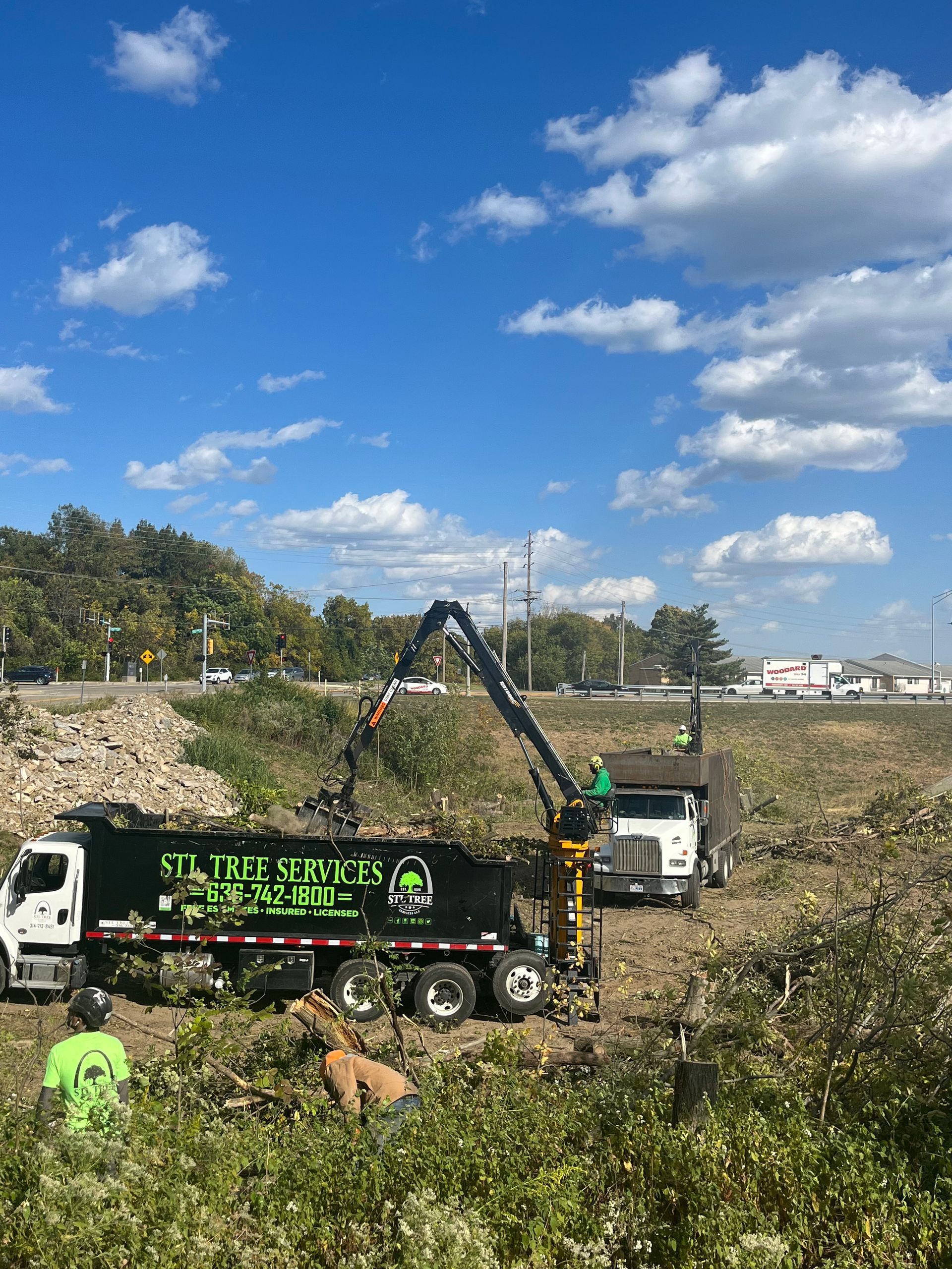 Two trucks loading brush on a sunny day. Men in green shirts work.