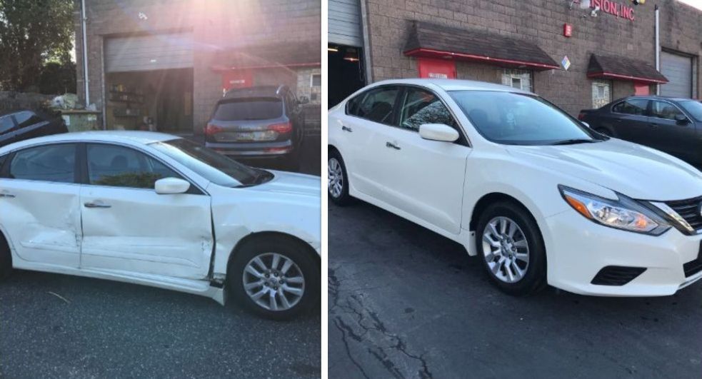 A white car with a damaged side 