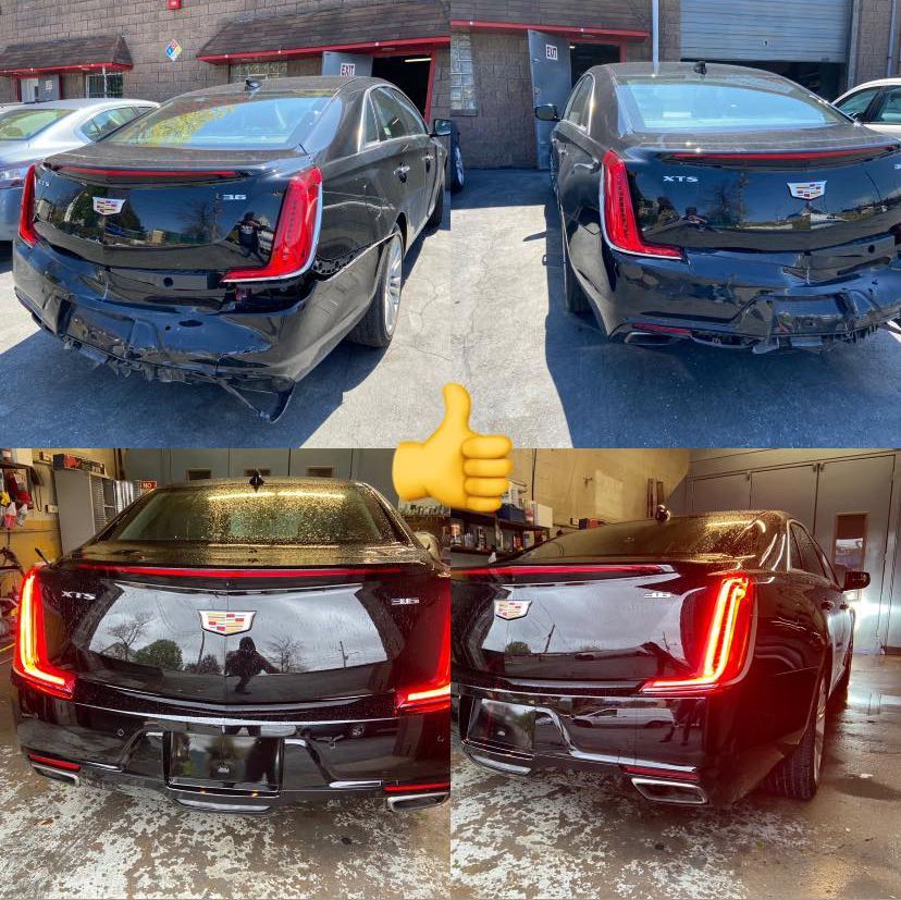 A black car with a new rear bumper