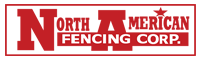 Logo of North American Fencing Corp. in a red rectangular box with white text.
