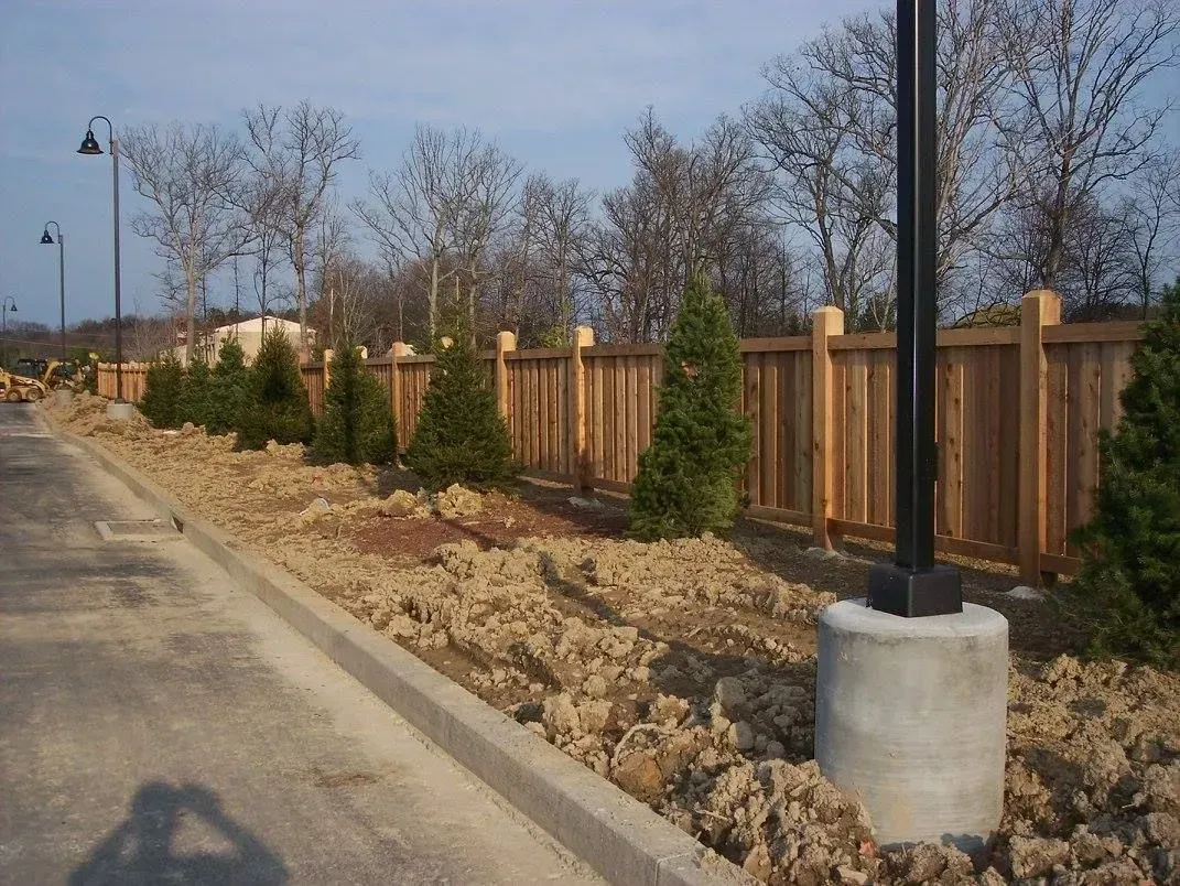 Wooden fence with evergreen trees along a concrete curb and dirt strip, streetlights in background.