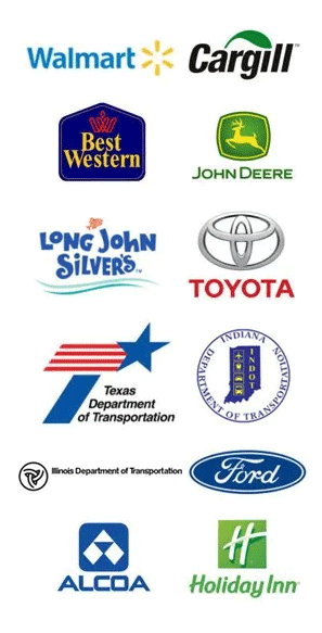 Logos of Walmart, Cargill, Best Western, John Deere, Long John Silver's, Toyota, Texas Department of Transportation, Indiana, Ford, Alcoa, and Holiday Inn.