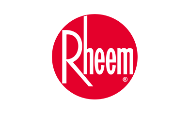 Rheem logo: white text on a red circle, the word 