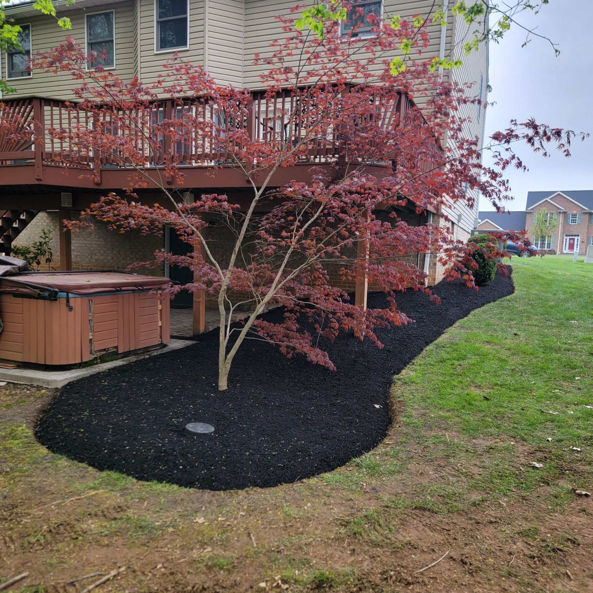 A house with a hot tub and a tree in front of it.