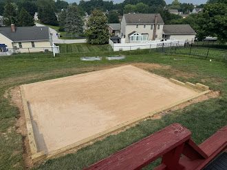 A large sandbox is sitting in the middle of a grassy field next to a house.