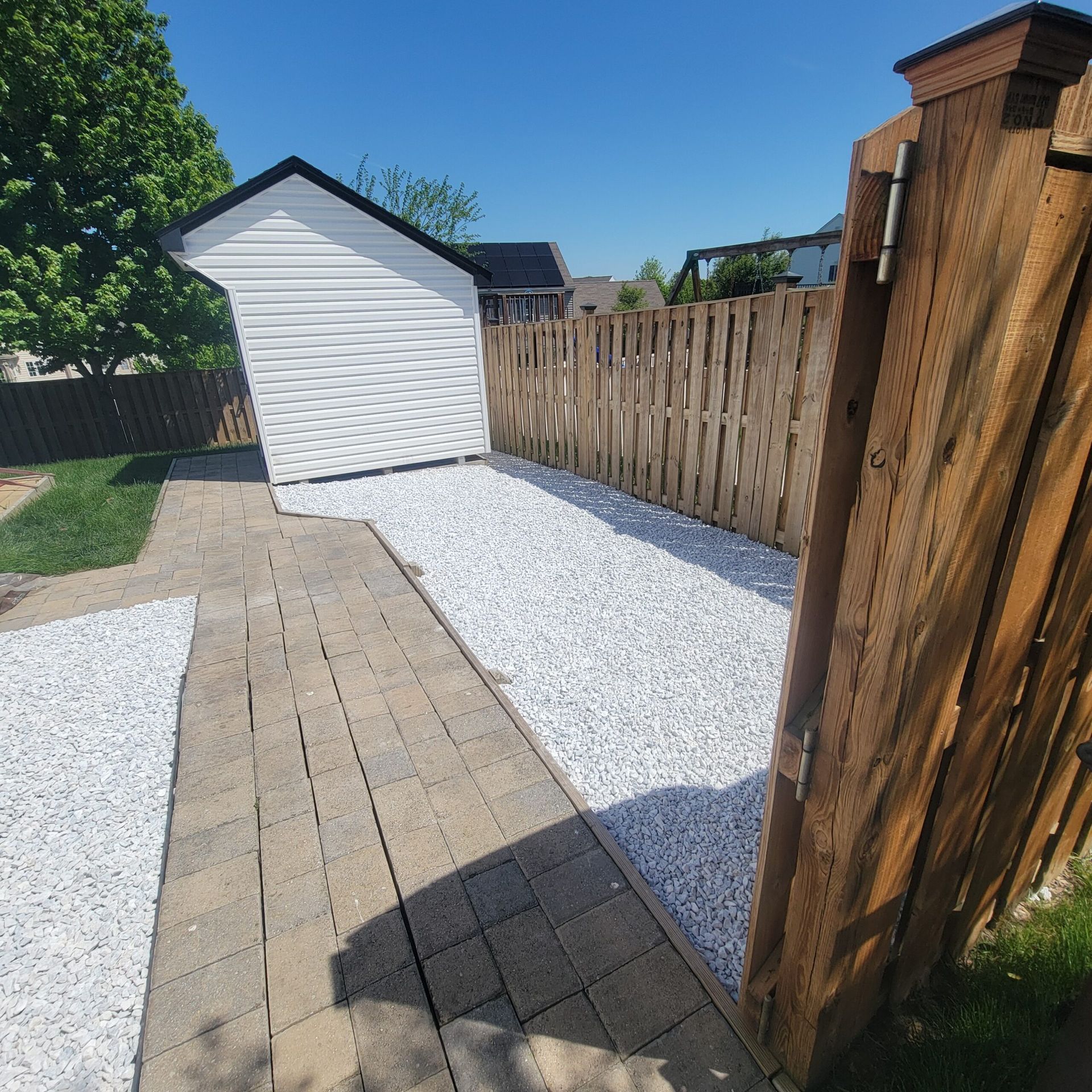 A wooden fence surrounds a white shed in a backyard