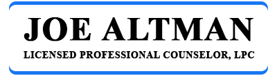 Joe Altman logo with black text on white, framed by a blue rounded border; subtitle: Licensed Professional Counselor, LPC