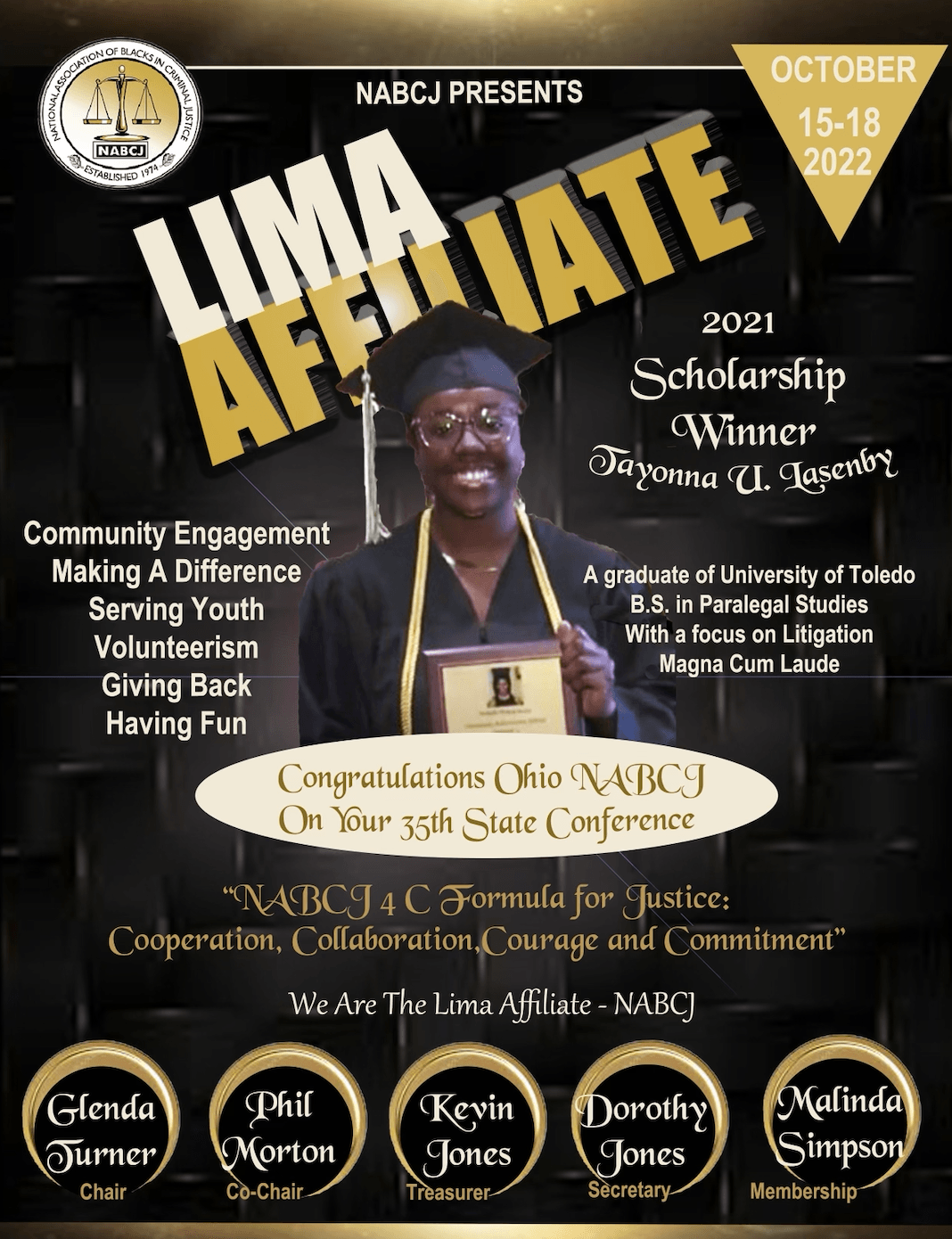 A conference flyer for the NABCJ Lima Affiliate, featuring a 2021 scholarship winner, event dates, and member list.