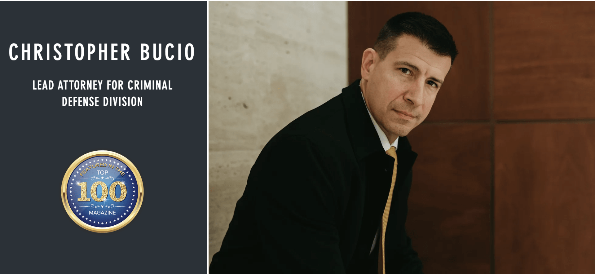 Christopher Bucio, Lead Attorney for Criminal Defense, beside a gold 