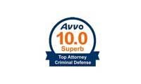 An Avvo badge showing a 10.0 Superb rating for a Top Attorney in Criminal Defense.