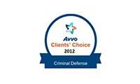 An Avvo Clients' Choice 2012 award badge for Criminal Defense, featuring a star logo on a dark blue background.