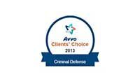 Avvo Clients' Choice 2013 badge for Criminal Defense, featuring a stylized star logo on a white circular background.