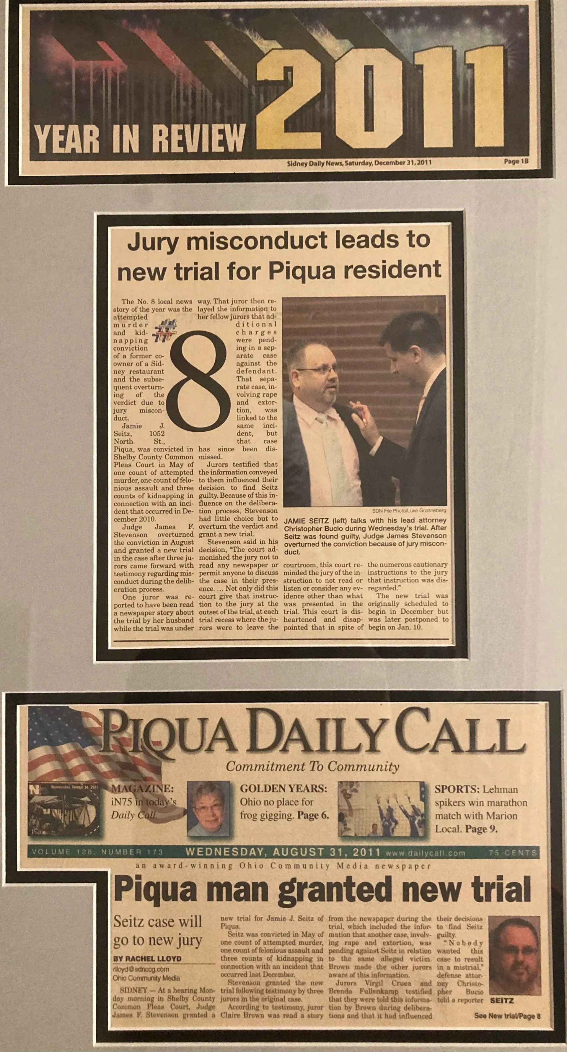 A 2011 Year in Review collage of Piqua Daily Call news clippings about a Piqua man granted a new trial due to jury error.