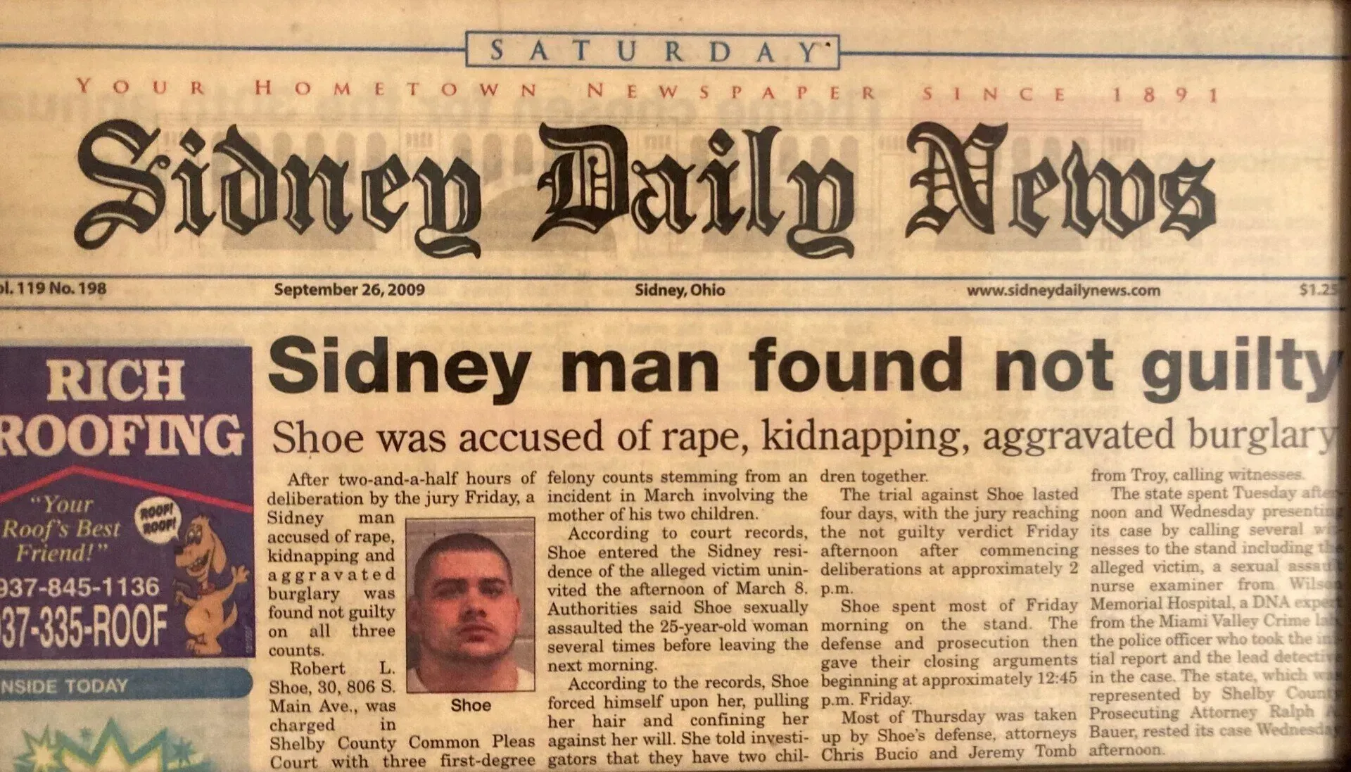 A Sidney Daily News front page from September 24, 2022, reporting that a man was found not guilty of criminal charges.
