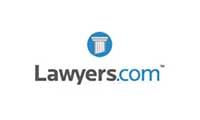 The Lawyers.com logo featuring a blue circular icon with a white pillar above the text 