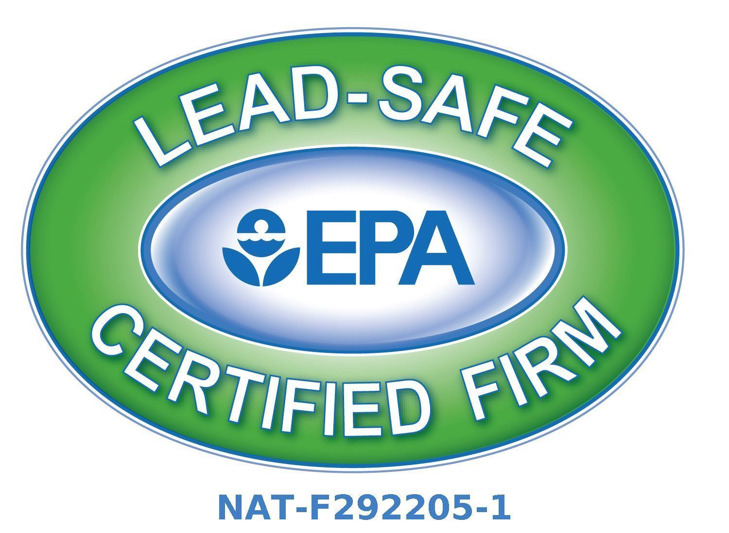 Lead-Safe Certified Firm logo. Green oval with white text and a blue EPA logo in the center.