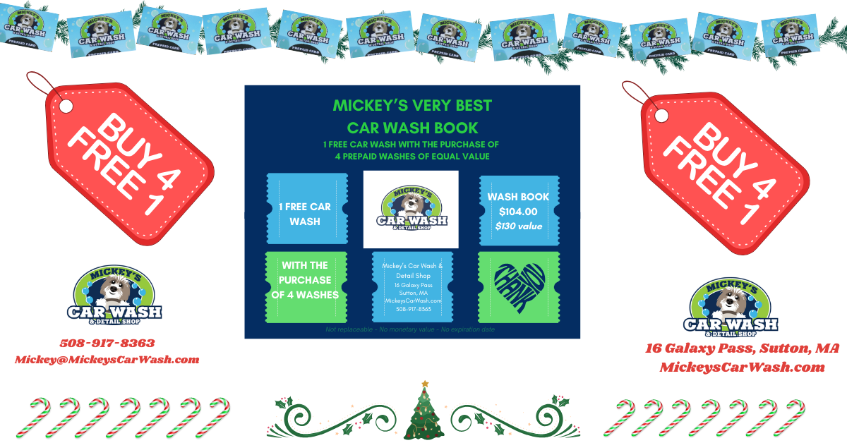 Car wash book promotion: Buy 4, get 1 free. Features blue, green, and red elements. Candy cane and garland accents.