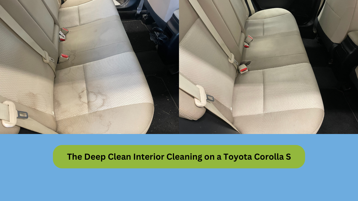 A before and after picture of the interior cleaning on a toyota corolla s.