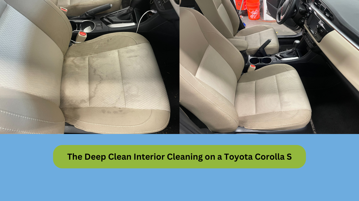 The interior of a toyota corolla is shown before and after being cleaned