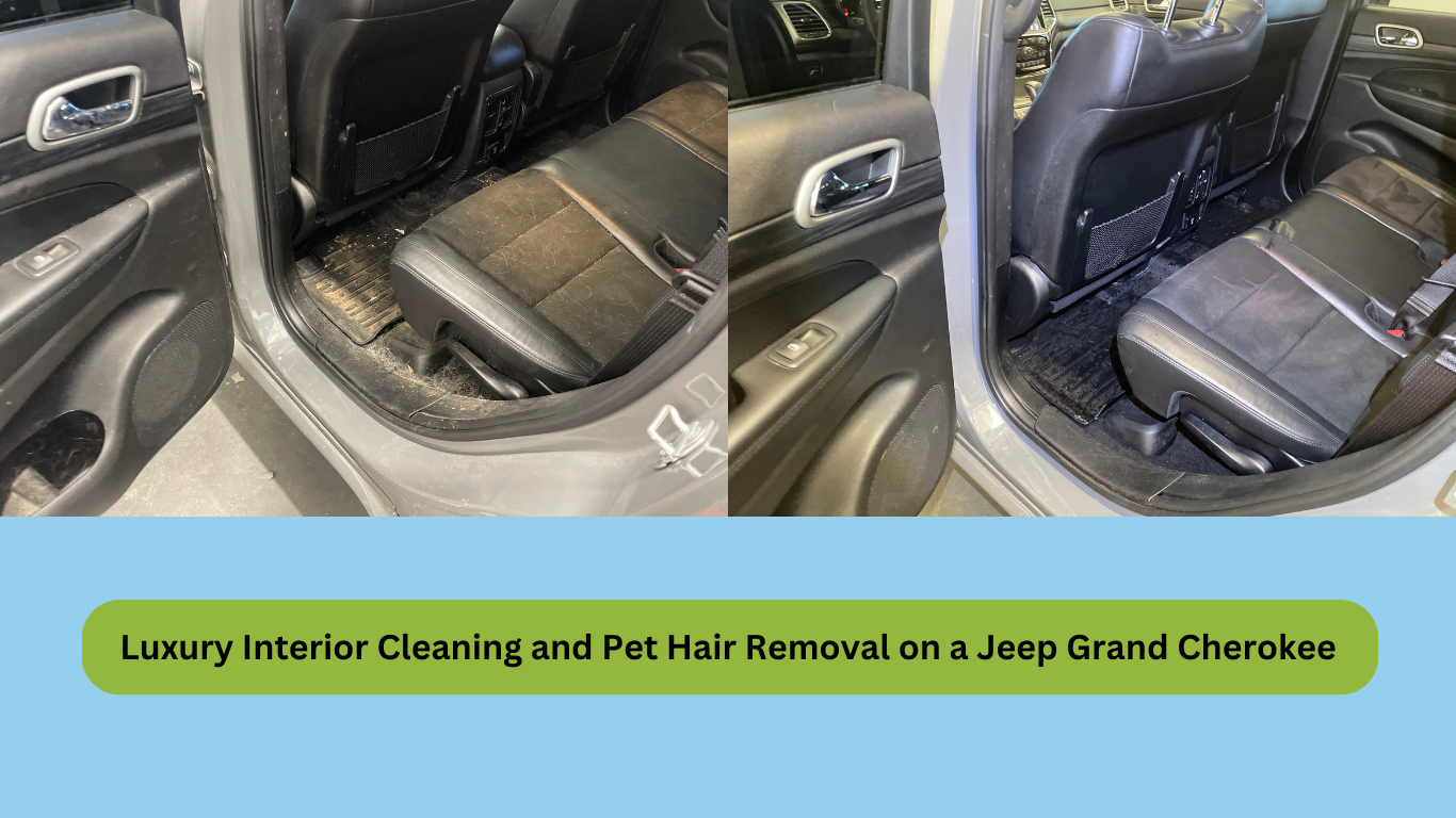 A before and after photo of the interior of a jeep grand cherokee.