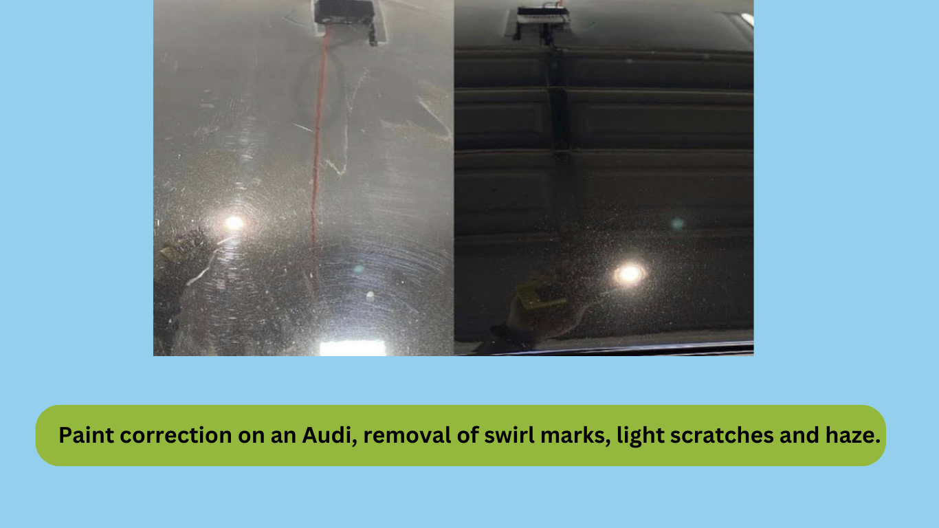A picture of a car before and after paint correction