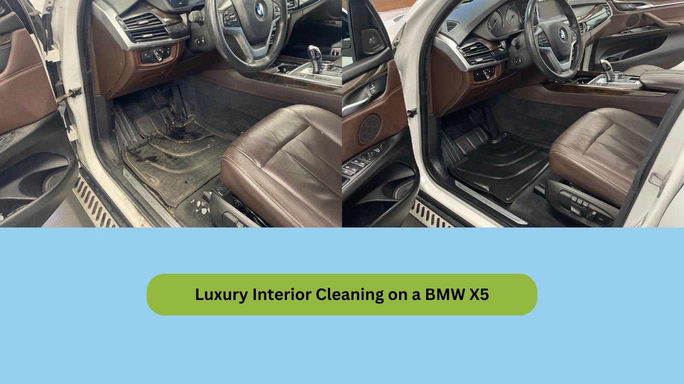 A before and after picture of a bmw x5 interior cleaning.