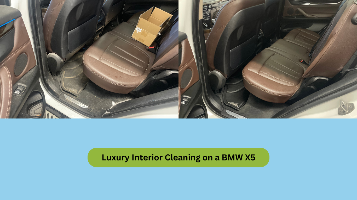 The interior of a bmw x5 is shown before and after being cleaned.