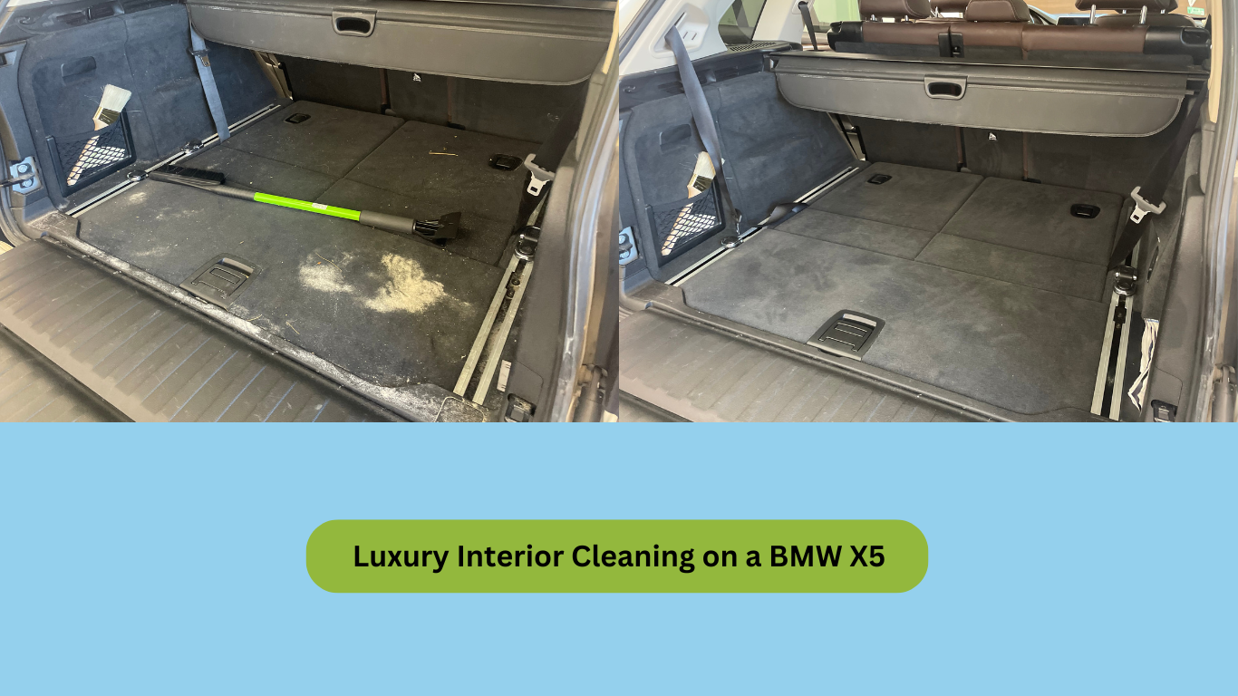 A before and after photo of the trunk of a bmw x6