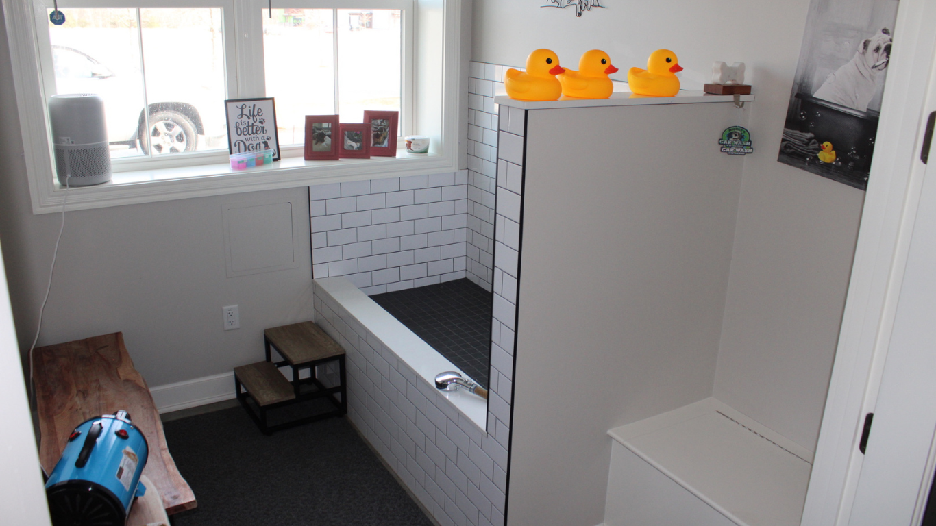 A bathroom with a bathtub and rubber ducks on the wall.