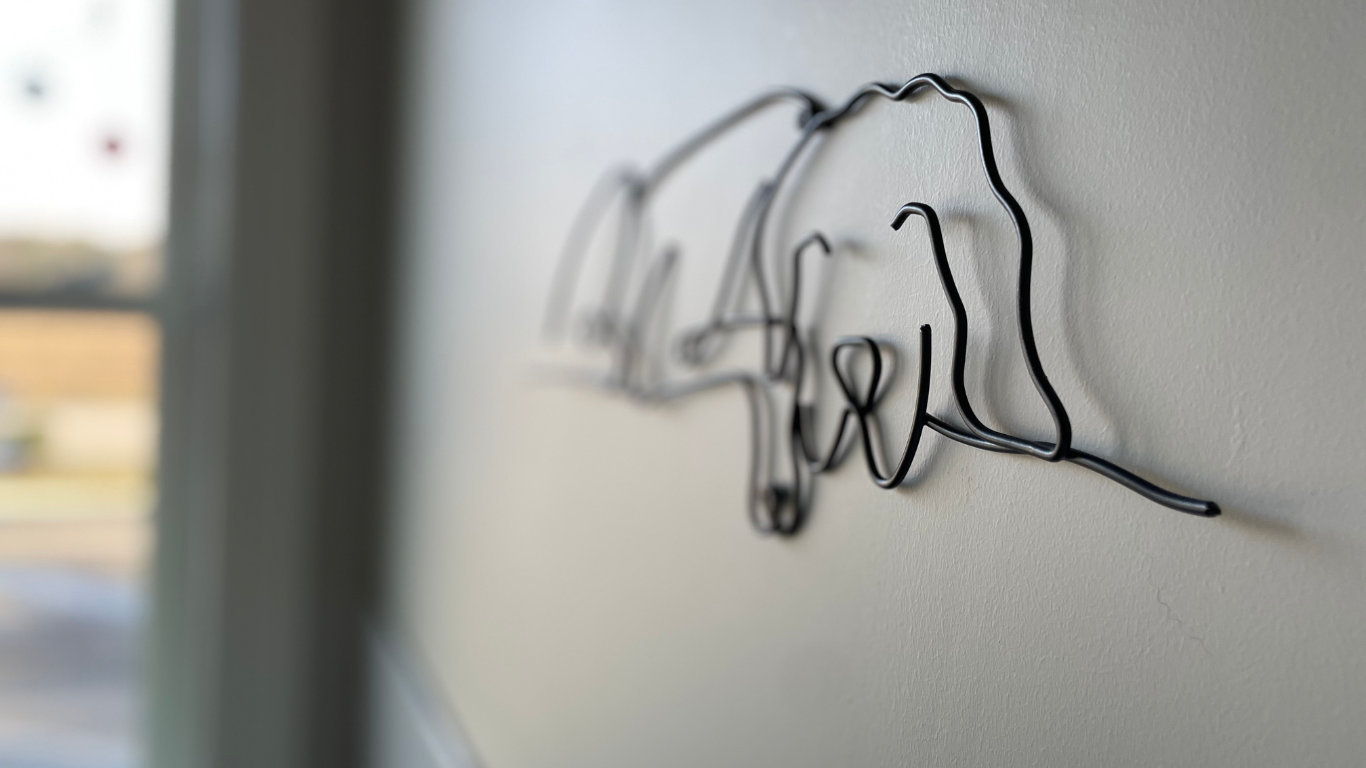 A close up of a wire sculpture on a white wall.