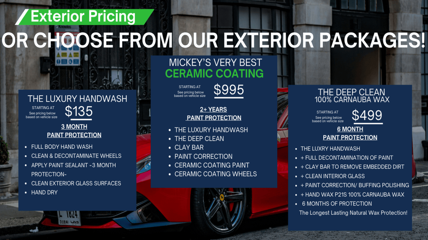 A red car is parked in front of a building with a sign that says exterior pricing or choose from our exterior package.