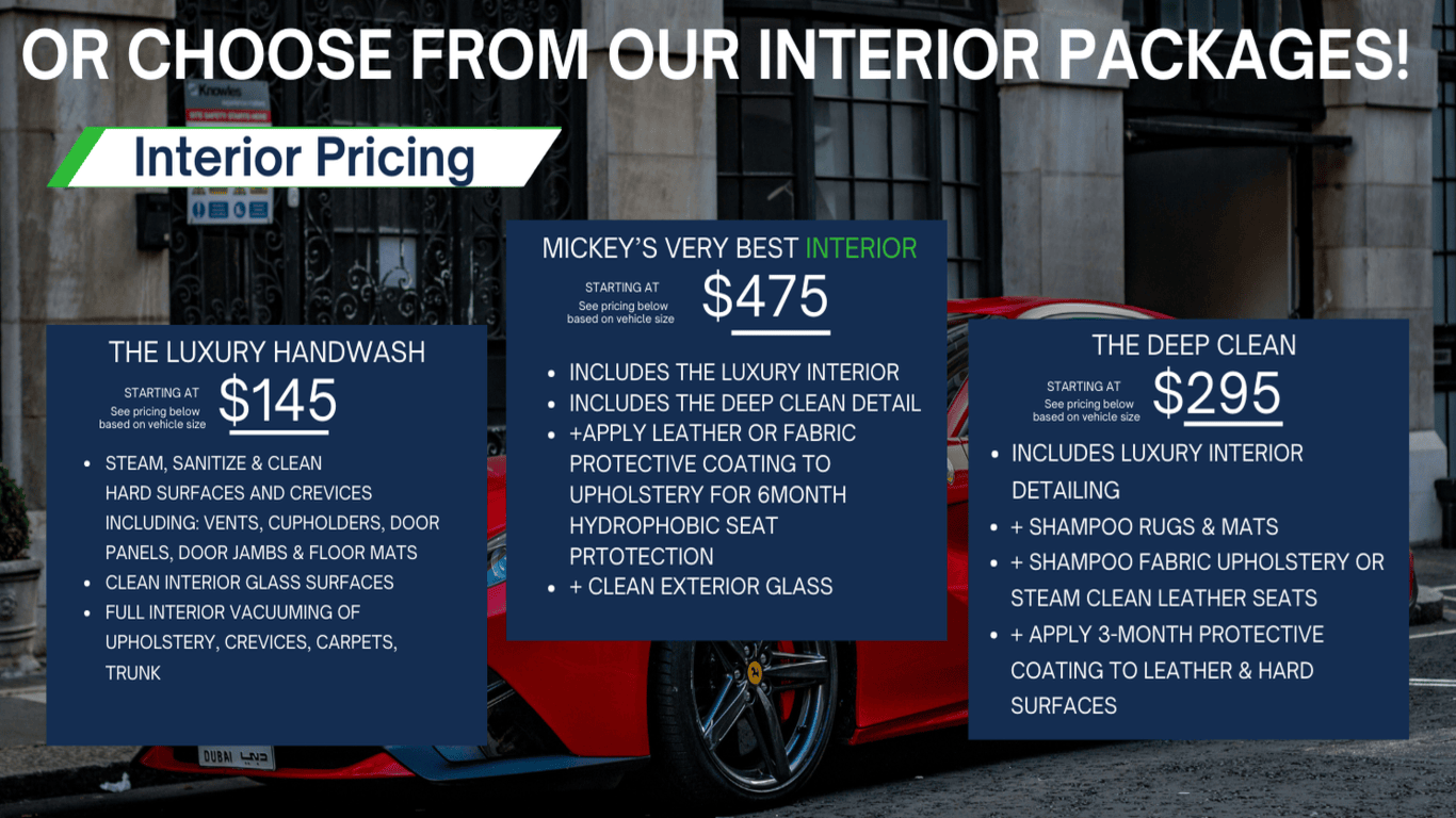 A red car is parked in front of a building with a sign that says 