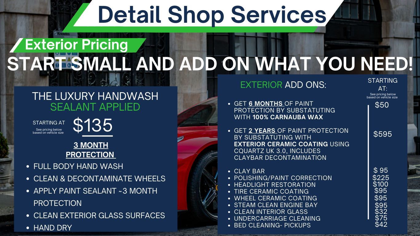 An advertisement for detail shop services with a red car in the background