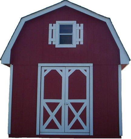 Red barn-style shed with white trim, double doors, and a small window.