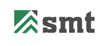 Logo of SMT, a dark gray smt next to a green square with white angled lines.