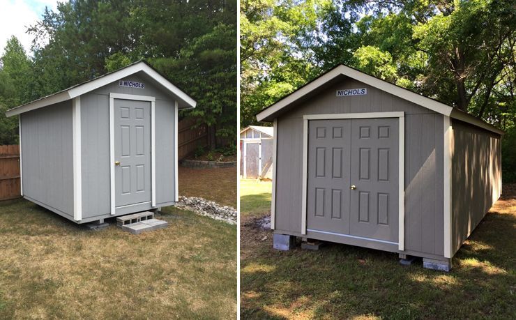 Two gray sheds with white trim, one with a single door, the other with double doors, on a grassy lawn.