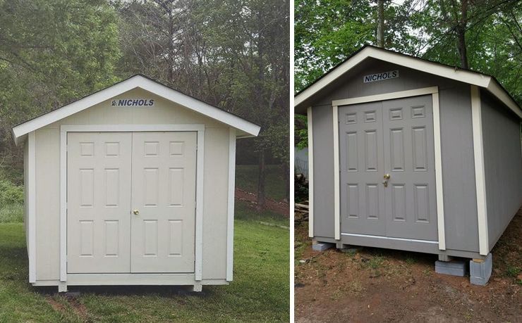 Two sheds side-by-side, before and after painting. Beige shed on grass, gray shed on cinder blocks in a wooded area.