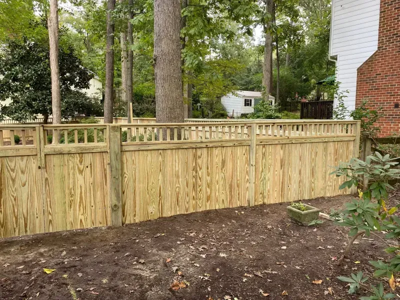 A wooden fence is surrounded by trees in a backyard.