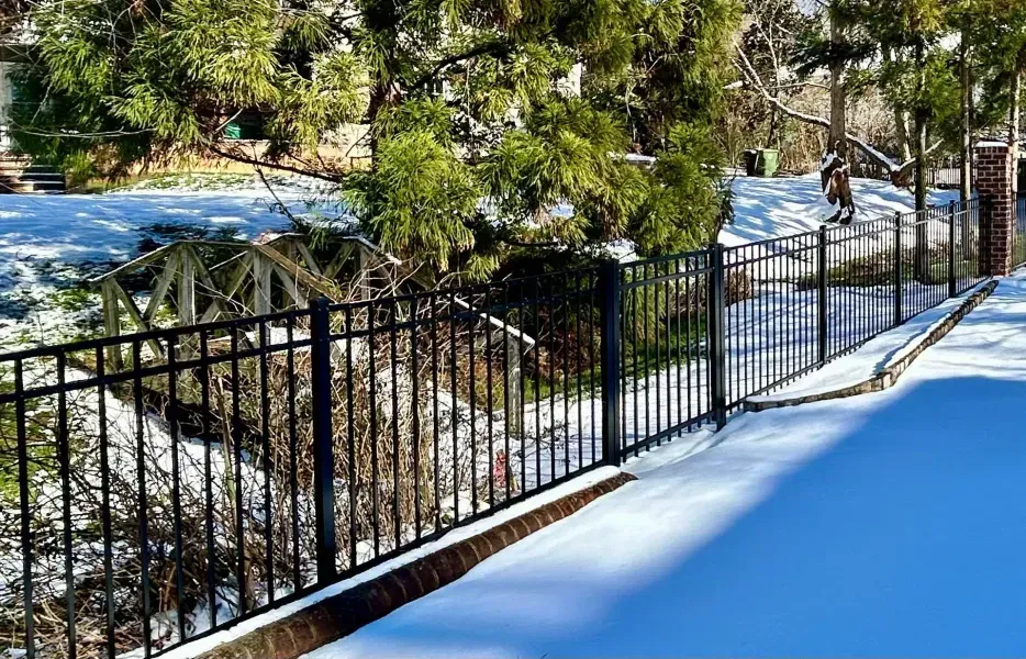 A black metal fence is surrounded by snow and trees.