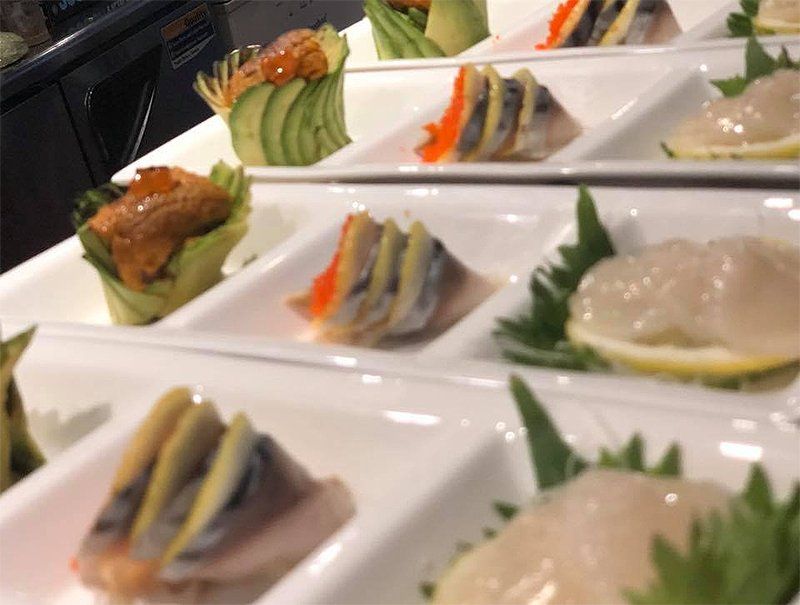 A close up of a tray of food on a table