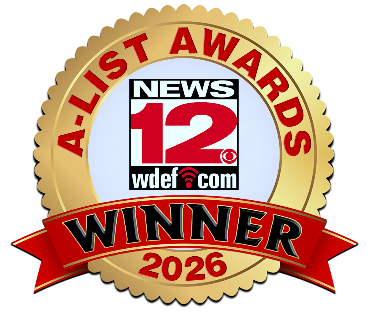 News 12 WDEF.com A-List Awards winner badge, gold seal with red ribbon, 2026