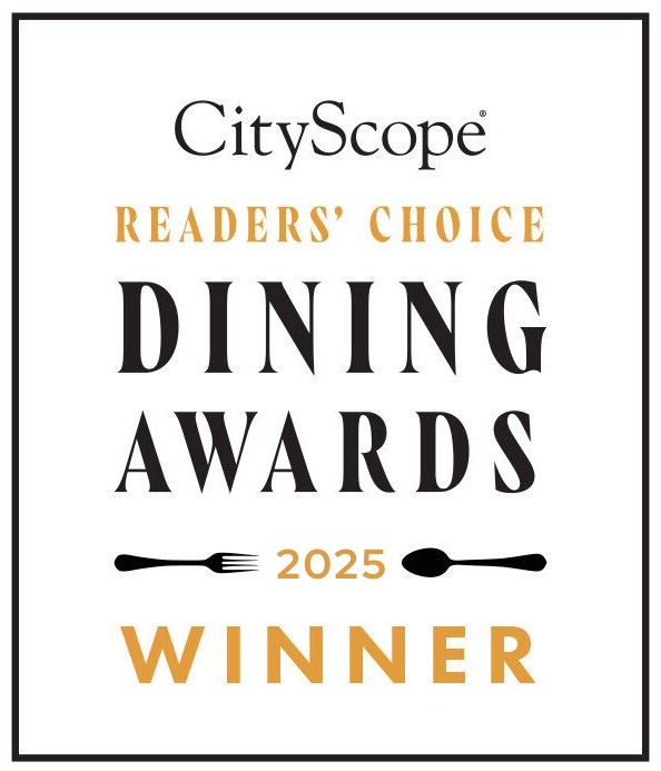 CityScope Readers' Choice Dining Awards winner seal. Gold and black text with a fork and spoon. 2025 listed.
