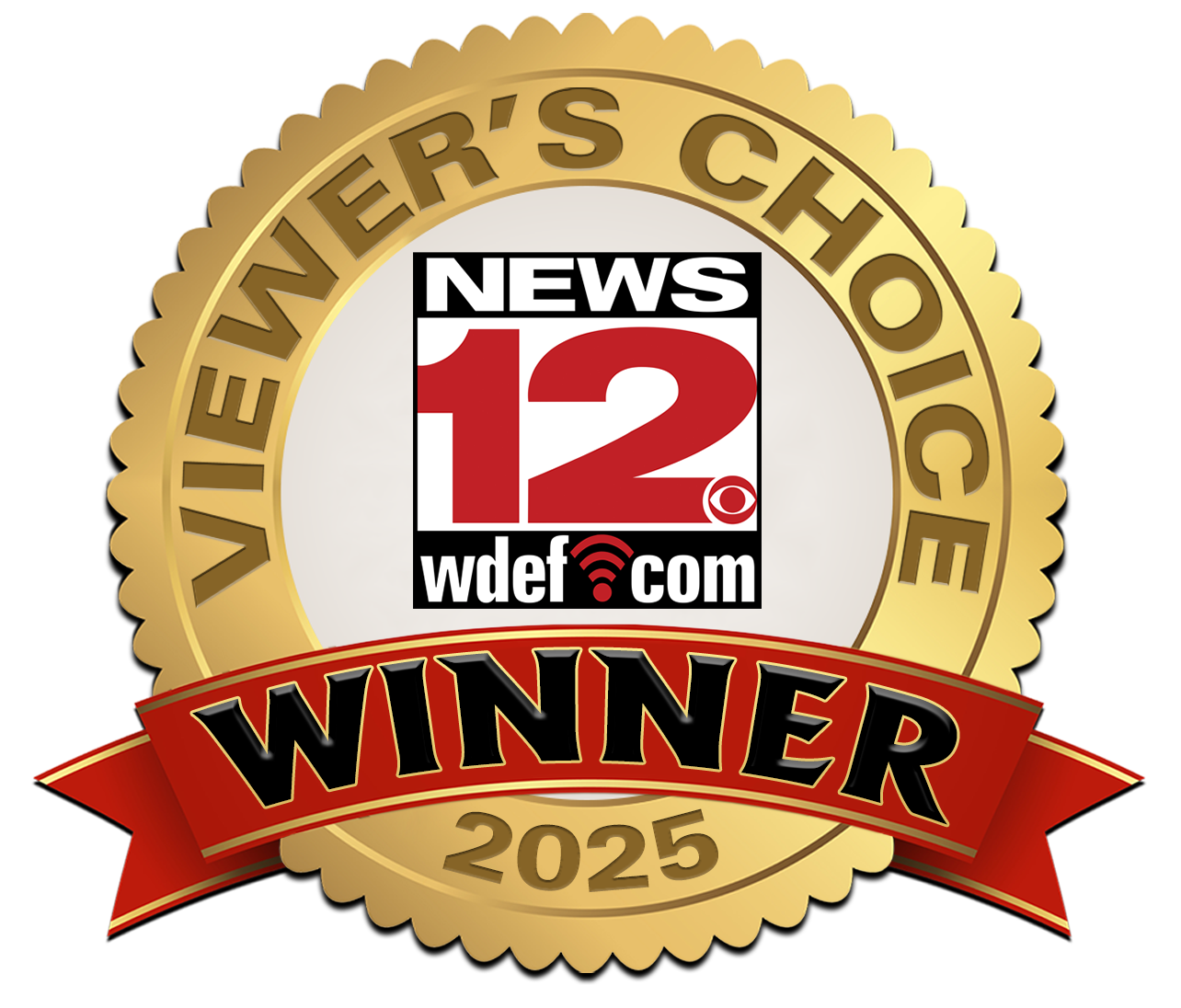 News 12 WVDEf.com Viewer’s Choice Winner 2025 gold award seal with red ribbon