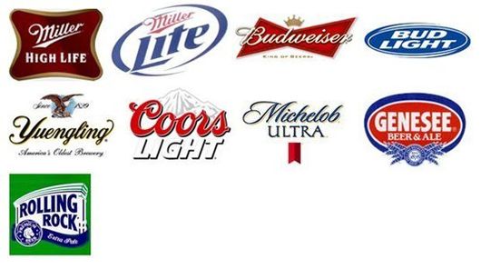 Miller, Miller Light, Budweiser, Bud Light, Yuengling, Coors Light, Michelob Ultra, Genesee, Rolling Rock