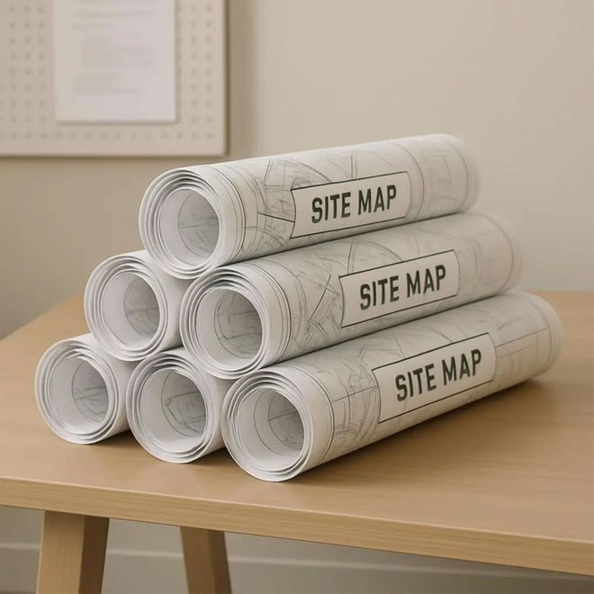 Six rolled-up architectural site maps are stacked in a pyramid shape on a light-colored wooden table.
